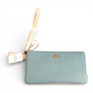 Coach Double Zip Wristlet Leather Wallet Clutch Blue Beige NWT Card Holder